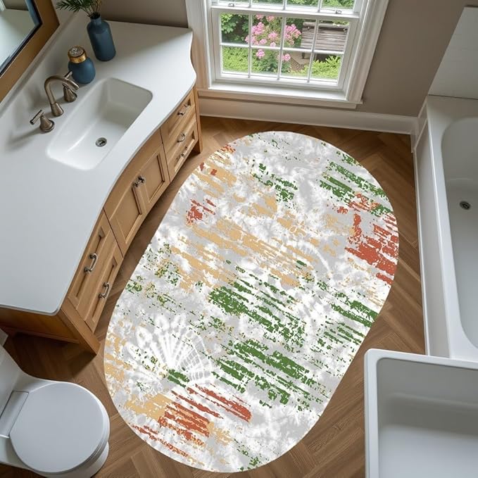 Distressed Abstract Art Aesthetic Deco Indoor Oval Rugs 7x9 for Living Room Bedroom Dining Room Soft Non Skid Easy Clean Big Carpet Nursery Dorm Farmhouse Rustic Grey Green Tie-Dye Texture Area Rug