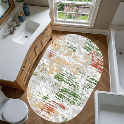Distressed Abstract Art Aesthetic Deco Indoor Oval Rugs 2x3 for Living Room Bedroom Dining Room Soft Non Skid Easy Clean Big Carpet Nursery Dorm Farmhouse Rustic Grey Green Tie-Dye Texture Area Rug