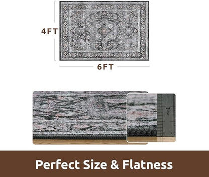 AMOAMI-4X6 Area Rugs for Living Room -Soft Vintage Bedroom Rug-Non Slip Washable Rug-Throw Rugs for Living Room Bedroom Bedside Dining Room Office Dark Grey & Black