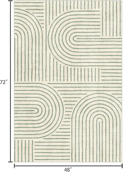 Washable 4x6 Area Rug - Boho Living Room Rug Soft Modern Rugs for Bedroom Ultra-Thin Sage Green Abstract Rainbow Dining Room Rugs Indoor Carpet for Living Room Nursery Room