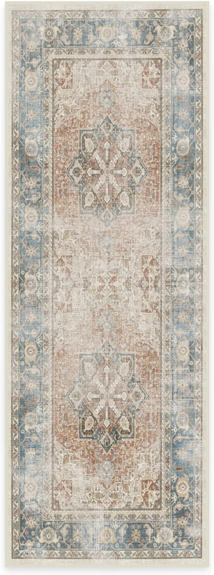 RUGGABLE Washable Vintage Runner Rug – Kamran Coral 2.5x7, Stain-Resistant, Non-Slip Hallway Runner – Machine Washable Rug for Hallway, Entryway, Living Room & Kitchen–with Cushioned Pad