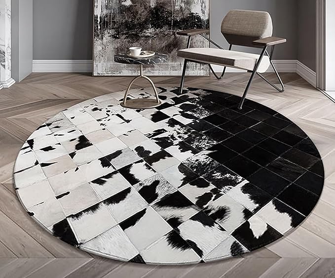 Cowhide Round Leather Rug 4x4 ft – Genuine Hair-On Hide Patchwork Area Rug for Living Room, Bedroom, Kids Playroom, Lounge & Western Home Decor