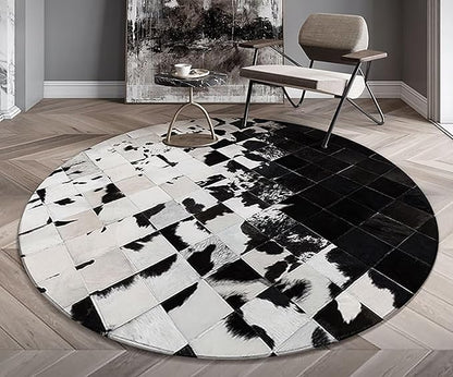 Cowhide Round Leather Rug 7x7 ft – Genuine Hair-On Hide Patchwork Area Rug for Living Room, Bedroom, Kids Playroom, Lounge & Western Home Decor