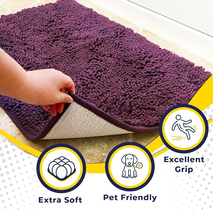 Muddy Mat® AS-SEEN-ON-TV Highly Absorbent Microfiber Door Mat and Pet Rug, Non Slip Thick Washable Area and Bath Mat Soft Chenille for Kitchen Bedroom Indoor and Outdoor - Dark Purple 24" x 72"