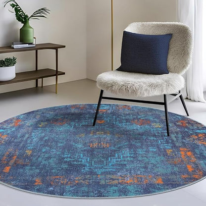 GLN Rugs Contemporary Collection - Machine Washable Area Rug, Contemporary Washable, Non Slip, Low Pile Chenille Rug, Living Room, Bedroom, Kitchen Rug (5'3" Round Midnight/Multi)