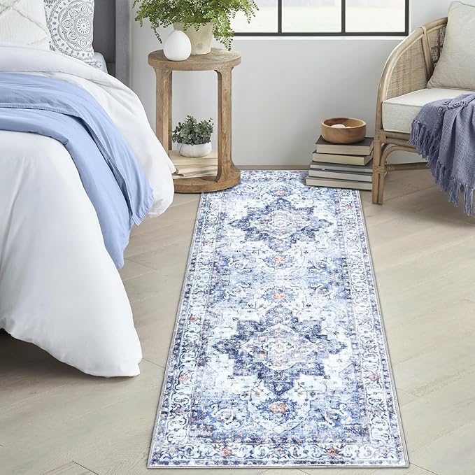 COMSLE Boho Runner Rug, 2x6 Washable Rugs for Hallway Faux Wool Small Throw Rug Distressed Kitchen Area Rug Non-Slip Laundry Room Rug Carpet Runner for Entryway Indoor Bedroom (Blue)