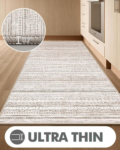 LUMI Washable Rug, 23x87 Kitchen Rugs for Entryway Bathroom, Non-Slip Indoor Door Mat Ultra-Thin, Small Oriental Throw Carpet for Bedroom Entry Office, White and Brown
