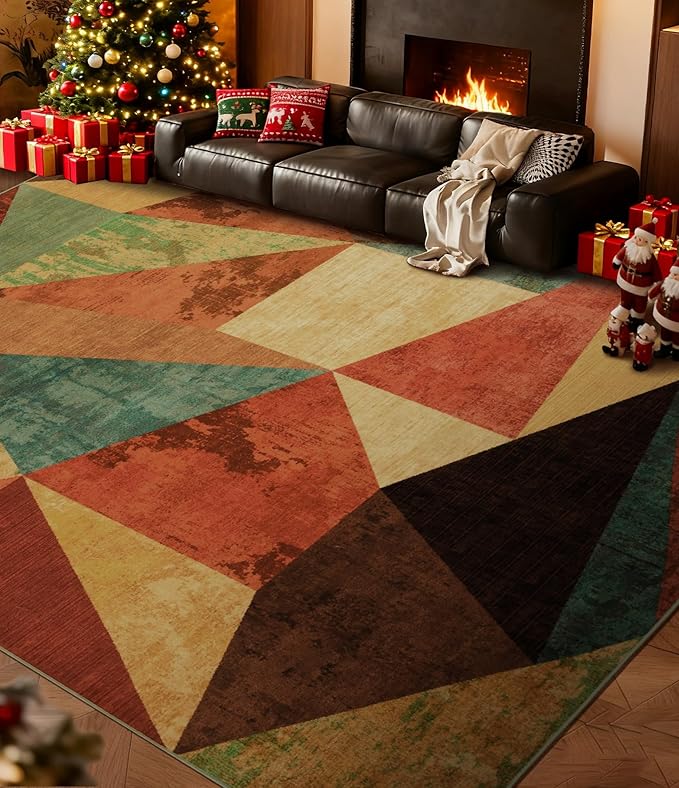 YIHOUSE Brown Area Rug 8x10,Geometric Burnt Orange Area Rug Non Slip,Farmhouse Rugs Washable,Vintage Burgundy Carpets for Bedroom, Boho Rug for Kitchen,Dining Room