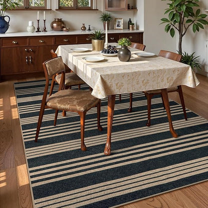 Lahome Striped Easy Jute Rugs for Living Room, 6x9 Washable Indoor Outdoor Patio Rug, Neutral Thin Non Slip Non Shedding Black Dining Room Carpet for Under Table Mudroom Classroom