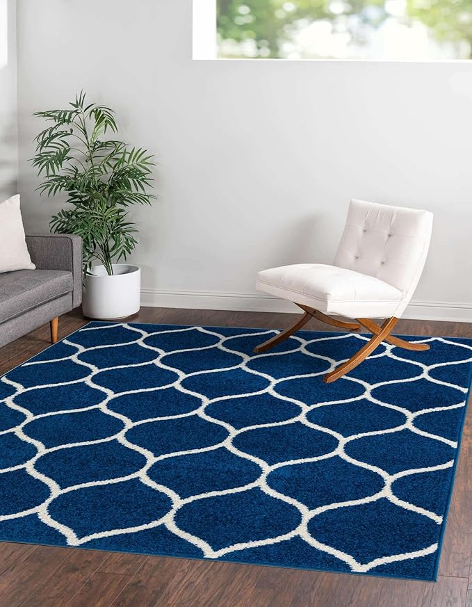 Rugs.com Lattice Frieze Collection Rug – 6' Square Navy Blue Medium Rug Perfect for Living Rooms, Kitchens, Entryways