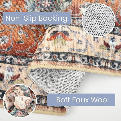 KOZYFLY Boho Round Rug 3 Ft Rugs for Entryway Washable Circle Rug Non Slip Doormat Rust/Orange/Blue Printed Faux Wool Vintage Round Entryway Rug Floor Carpet Round for Entrance, Bedroom