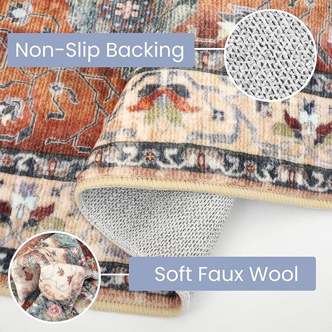 KOZYFLY Runners for Hallways 2x5 Ft Washable Kitchen Runner Rug Boho Runner Rug for Entryway Indoor Rust/Orange/Blue Printed Oriental Faux Wool Floor Carpet Runner for Laundry Room Kitchen Hall