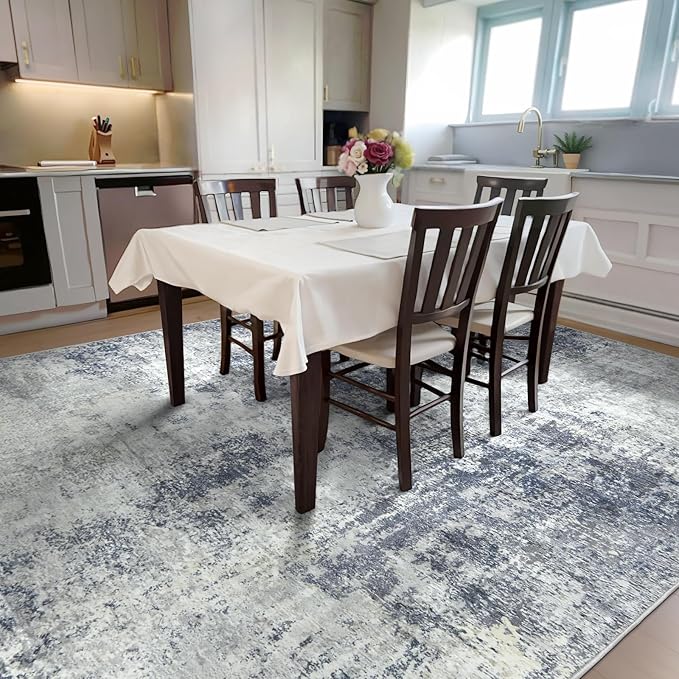 Washable Area Rug for Living Room 6x9 - Neutral Modern Abstract Rugs, Soft Non Slip Thin Carpet with for Bedroom, Under Dining Room Table, Home, Office, Dorm - Indigo Gray