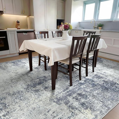 Washable Area Rugs for Living Room 9x12 - Large Neutral Modern Abstract Rug, Soft Low Pile Carpet with Non Slip Backing for Under Dining Room Table, Bedroom, Home, Office, Dorm - Indigo Gray