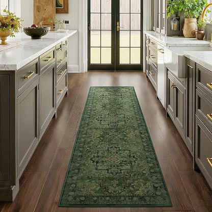 Green Medallion 3x7 Hallway Runner Rug, Washable Non Slip Runners for Kitchen Floor, Low Pile Thin Distressed Vintage Runner Carpet for Entryway/Mudroom/Foyer/Bathroom/Bedroom