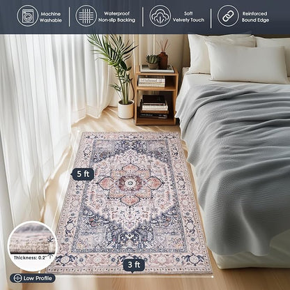 PURRUGS Vintage Farmhouse Boho Throw Rug 3x5 ft, Non-Slip Machine Washable Rug, Accent Oriental Area Rug for Entryway, Kitchen, Bedroom, Living Room and Dining Room, Coral Red/Marine Blue