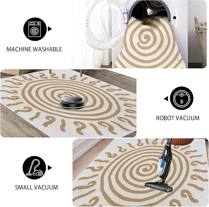 Boho Washable Rugs for Bedroom 7x10, Modern Sun Print Soft Minimalism Area Rug, Non Slip Low Pile Abstract Carpet for Classroom Living Room Decor Dining Room, Beige Yellow