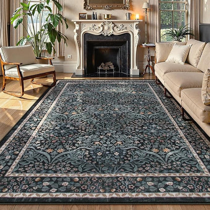 Lahome Floral Washable Rugs 8x10, Soft 8x10 Area Rugs for Living Room Bedroom, Boho Non-Slip Forest Stain Resistance Large Throw Carpet for Farmhouse Dining Room Office, Black
