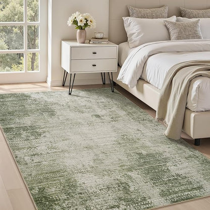 4x6 Area Rugs for Living Room Non Slip Machine Washable Rug Distressed Abstract Soft Indoor Carpet Neutral Boho Rug for Bedroom Dining Room Playroom Office, Green