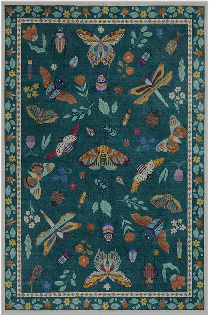 Lahome Insect Print Washable Rugs for Living Room, Soft Area Rug 6x9 Rug for Bedroom Ultra-Thin Non Slip Dining Room Rug, Stain Resistant Modern Rug Large Carpet for Office Nursery(6'x9',Dark Green)