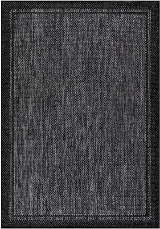 CAMILSON Indoor Outdoor Rug, 6x9 Bordered Dark Grey Black Modern Area Rugs for Indoor and Outdoor Patios, Kitchen and Hallway Mats, Washable Porch Deck Outside Carpet (Bordered Black, 6 x 9)