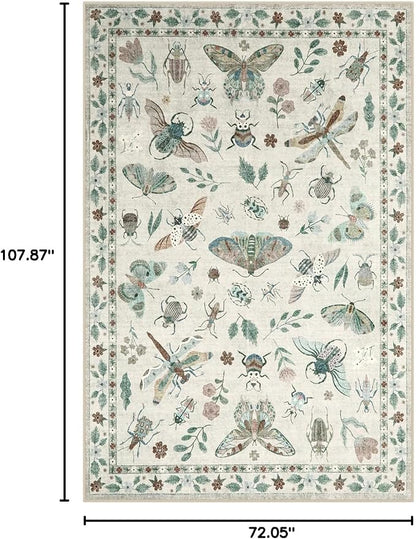 Lahome Insect Print Washable Rugs for Living Room, Soft 6x9 Area Rugs for Bedroom, Ultra-Thin Non Slip Modern Area Rug Low Pile Stain Resistant Throw Carpet for Dining Room Office(6'x9',Beige)