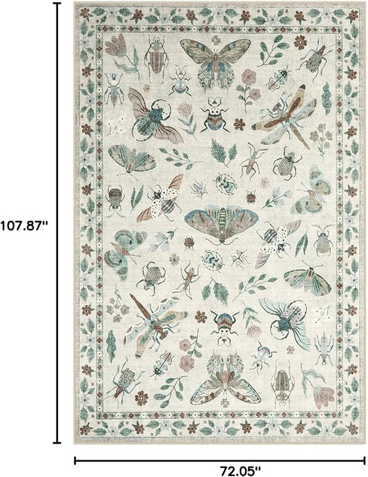 Lahome Insect Print Washable Rugs for Living Room, Soft 6x9 Area Rugs for Bedroom, Ultra-Thin Non Slip Modern Area Rug Low Pile Stain Resistant Throw Carpet for Dining Room Office(6'x9',Beige)