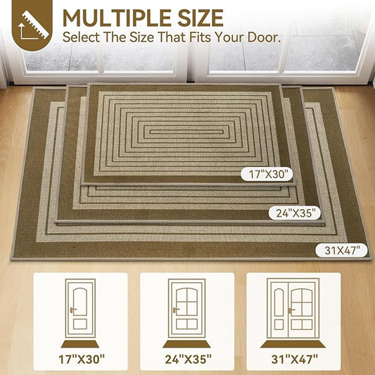 Front Door Mat 17''x30'', Absorbent Muddy Dirt Resist Washable Non Slip Low-Profile Indoor Doormat, Easy Clean Welcome Entryway Door Mats, Brown