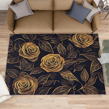 Rose Rugs for Bedroom - 5x8 Area Rug - Black Gold Flowers Rugs for Living Room, European Light Luxury Flowers Rug, Washable Home Decor Carpet