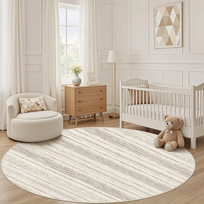 Nakagishi Round Rug Boho Area Rugs: 5x5 Washable Large Circle Neutral Soft Stain Resistant Non-Slip Carpet for Women Aged 25-45 Farmhouse Decor Enthusiasts - Living Room Bedroom Dining Room Nursery