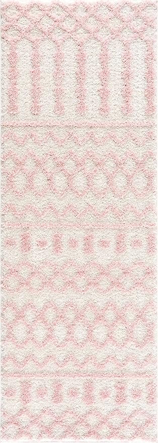 Hauteloom Tilos Moroccan Farmhouse Hallway, Entryway Shag Runner Rug - Shaggy Long Runner Rug - Trellis Pattern - High Plush Pile - Cream, Pink, Beige - 2'7" x 7'3"