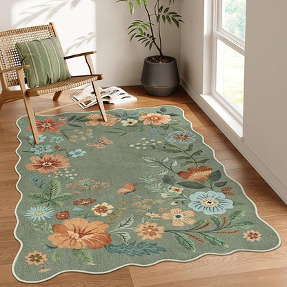 Lahome Floral Washable Rugs, 4X6 Rug for Bedroom Ultra-Thin Soft Dining Room Rug, Non-Slip Living Room Rugs Stain Resistant Boho Rug Lightweight Low-Pile Throw Rug for ‎Office (4x6ft,Green)