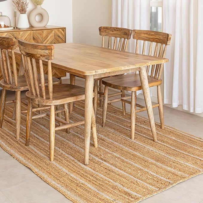 HOMEMONDE Natural Braided Jute Area Rug 6x9 ft - Off White Stripe Eco Friendly Premium Fiber - Hand Woven Rustic Vintage Reversible Braided Rugs for Bedroom, Kitchen, Living Room and Dining Room