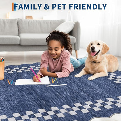 GarveeHome Scalloped Round Rug 4ft Modern Solid Color Circle Rugs Non Slip Low Pile Living Room Throw Carpat Washable Bedroom Scalloped Round Area Rug Stain Resistant Bordered Rug for Kitchen, Blue