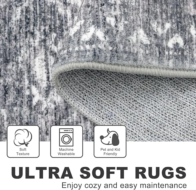 KILOCOCO Boho Entryway Rug 3x5 Area Rug Washable Non Slip Throw Rugs Soft for Kitchen Living Room Dining Bedroom Geometric Moroccan Carpet, Grey