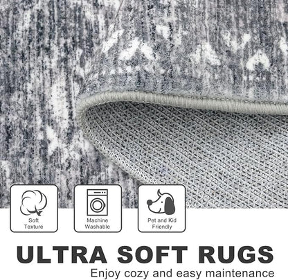 KILOCOCO Boho Entryway Rug 3x5 Area Rug Washable Non Slip Throw Rugs Soft for Kitchen Living Room Dining Bedroom Geometric Moroccan Carpet, Grey