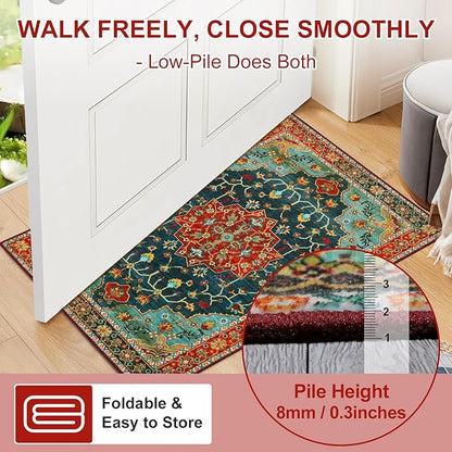 WILLSUN Washable Area Rugs, 3x5 Non-Slip Boho Large Area Rugs for Living Room, Bedroom, Machine Washable Vintage Rug, Indoor Floral Print Carpet for Home Decor, Kid & Pet Friendly Mat