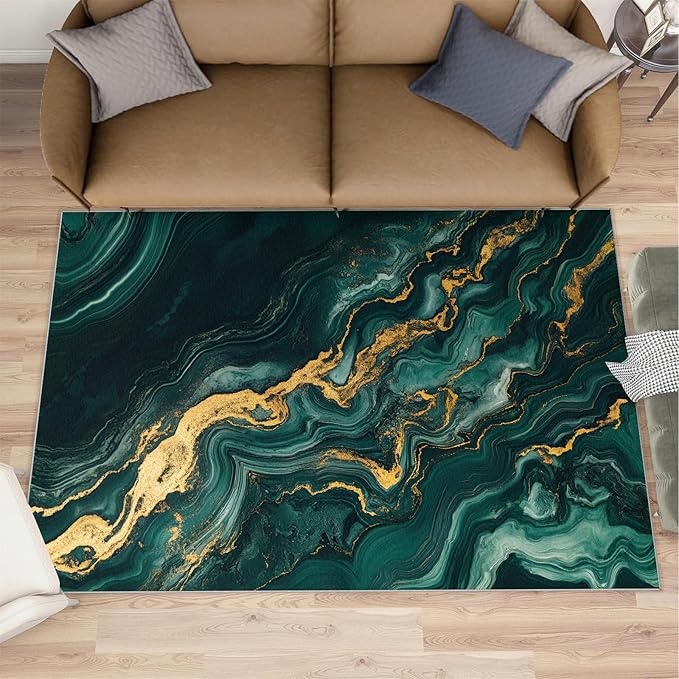 5x6 Abstract Marble Rugs for Office - Emerald-Green-Marble Living Room Carpet, Luxury Stone Pattern Bedroom Area Rug Kids Low Pile Rug for Indoor Outdoor Hardwood Floors Home Decor