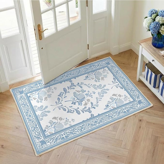 SOULFUL Medium Pile 2x3 Entryway Rug - Soft Underfoot Small Area Rug - Mist Blue Boho Floral - Washable Non-Slip - Perfect for Hallway Kitchen Bedroom Bathroom Indoor Entrance