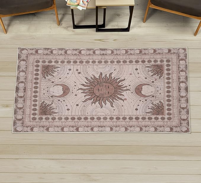 Ambesonne Sun and Moon Decorative Rug, Bohemian Artwork Design of Crescent Solar Ornament Esoteric Stars Ornament, Quality Carpet for Bedroom Dorm and Living Room, 2' 5" x 5', Pale Chocolate