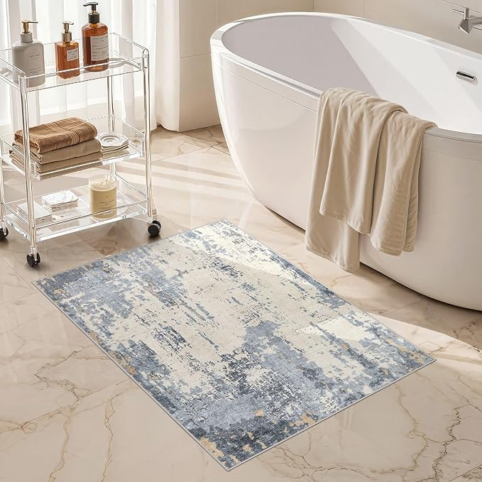 2x3 Entryway Area Rug: Washable Neutral Modern Abstract Small Rug - Non-Slip Low Pile Throw Indoor Carpet for Entrance Kitchen Front Door Mat Bathroom Entry Kids Room - Blue/Light Brown