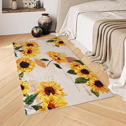 Sunflower Area Rug, 3' x 5' Non-Slip Washable Bedroom Rug, Small Indoor Vintage Oil Painting Artwork Rugs for Living Room Dining Table Entryway Bathroom Living Room Office Carpet