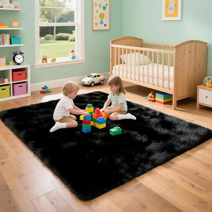 4x6 Solid Fluffy Black Area Rug – Washable, Durable, Living Room Rug, Non-Slip High Pile Shag Rugs for Bedroom, Living Room, Bedside, Dorms, Nursery Rooms, Kids Room, Soft Indoor Floor Carpet