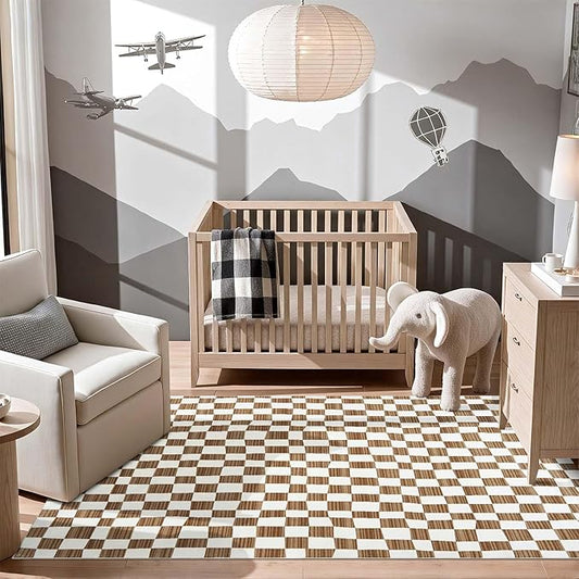 jinchan 5x7 Brown Checkered Area Rugs for Kids Room - Machine Washable Rug Modern Neutral Geometric Lattice Soft Non-Slip Carpet for Nursery Playroom Classroom Living Room Bedroom Home Office