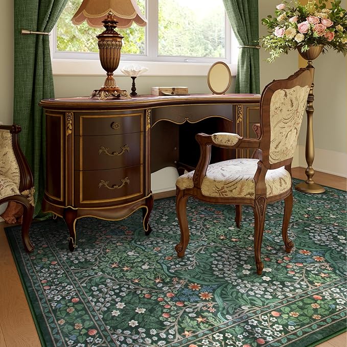 Lahome Floral Washable Rugs 5x7, Soft Green Rugs for Bedroom Living Room, Boho Non Slip Low Pile Forest Stain Resistance Large Throw Carpet for Farmhouse Dining Room Office, Dark Green