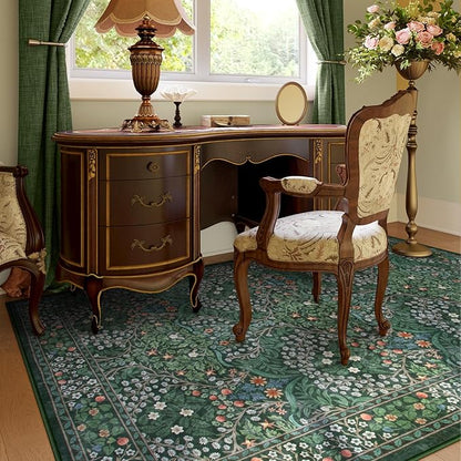 Lahome Floral Washable Rugs 5x7, Soft Green Rugs for Bedroom Living Room, Boho Non Slip Low Pile Forest Stain Resistance Large Throw Carpet for Farmhouse Dining Room Office, Dark Green