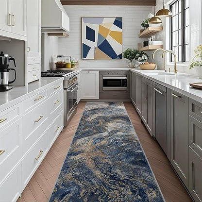 Abstract Washable Runner Rug: Modern 2x8 Hallway Runner for Kitchen Stain Resistant Non Slip - Thin Low Pile for Entryway Indoor - Blue Gold