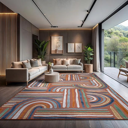 CAMILSON Indoor Outdoor Rug, Orange 8x10 Geometric Arch Striped Area Rugs for Patio and Home Areas, Easy-Cleaning Non-Shedding Living Room, Garden and Deck Washable Outside Carpet (8 x 10)