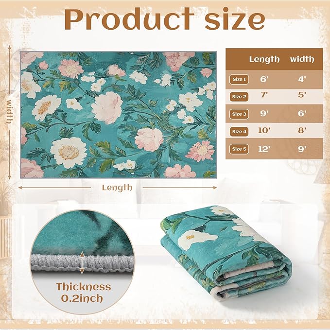 5x7 Floral Rugs, Modern Washable Flower Pattern Area Rug for Bedroom, Soft Large Non-Slip Door Mat Carpet for Living Room Office Dining Room - Teal Flower