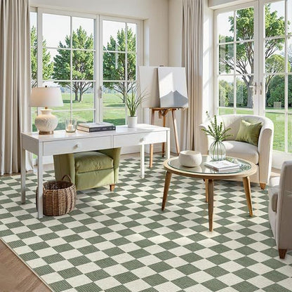 LIVEBOX 10x14 Area Rugs for Living Room, Checkered Non-Slip Washable Rugs, Farmhouse Neutral Classic Geometric Pattern Large Boys Area Rug for Bedroom, Carpet for Dining Room Office (Green,10'x14')